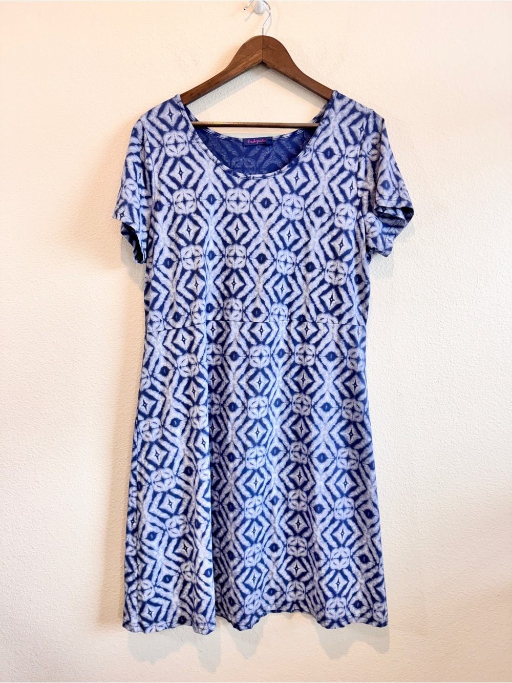 Fresh Produce XL Blue Batik Geometric Midi Dress Coastal Artsy Resort Cotton J95